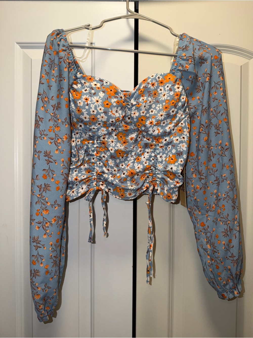 Floral Ruched Puff-Sleeve Crop Top - Light Blue & Orange